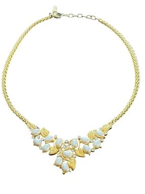 Vendome Signed Helen Marion 1960s Faux Pearl Rhinestone Leaf Bib Necklace
